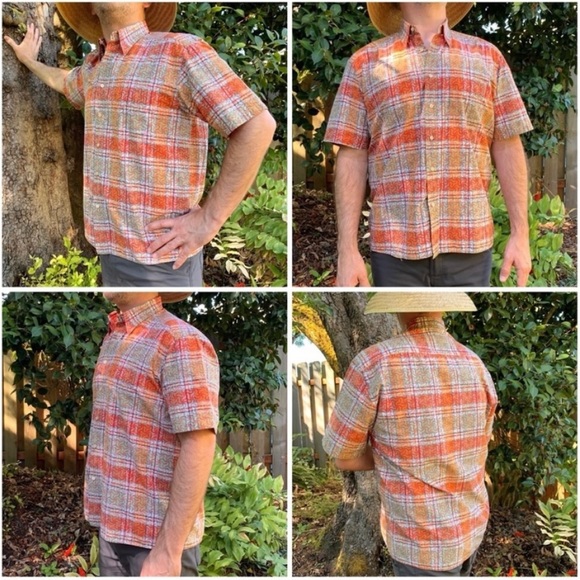 Orange check plaid geometric design short sleeve shirt by Tuttle Sportswear - Picture 10 of 16